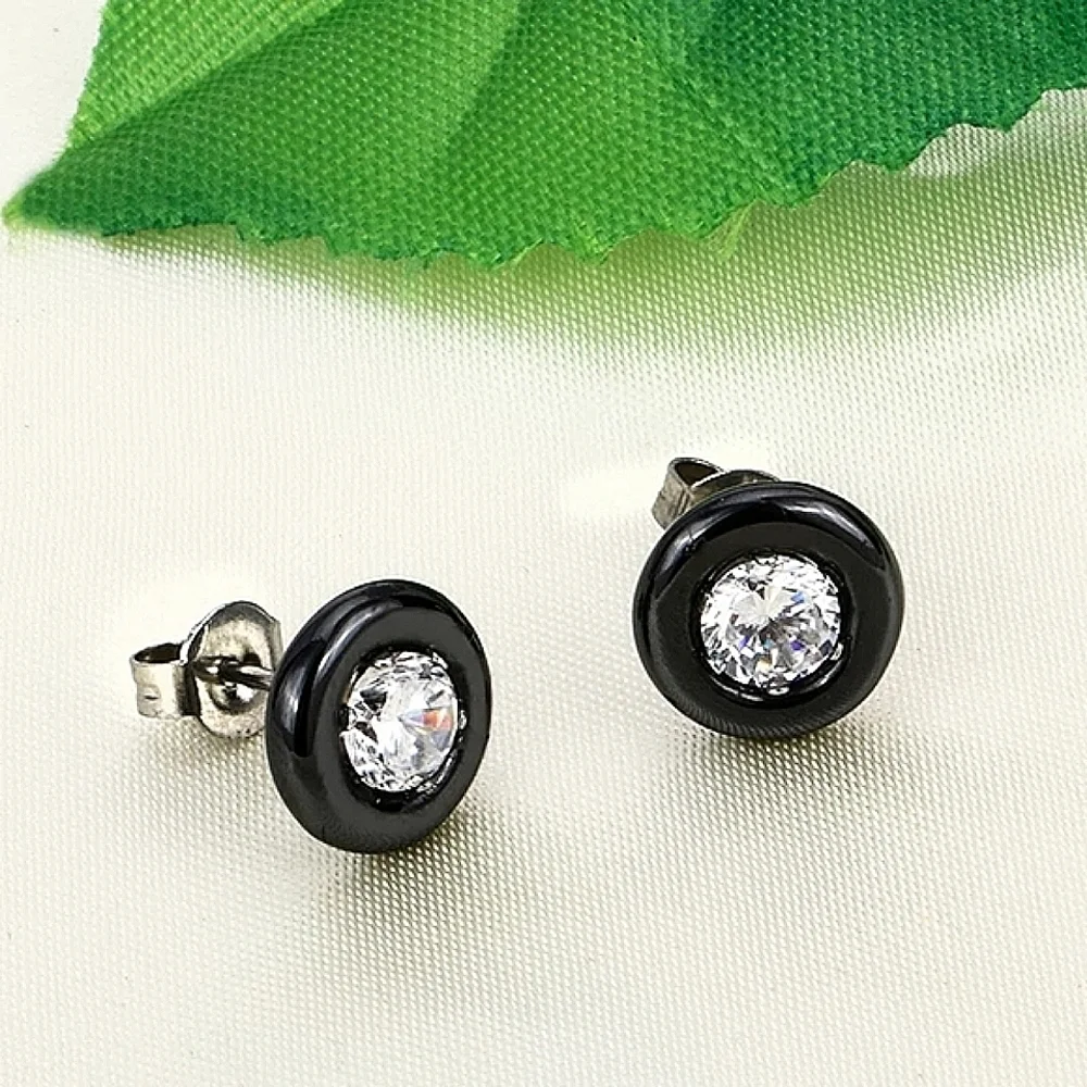 NEW Black‎ Ceramic 1 Carat Solitaire Diamond Stud Earrings, 9mm